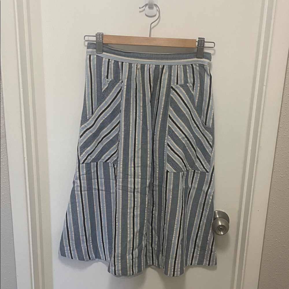 Anthropology Striped Blue and White Midi Skirt with Front Pockets